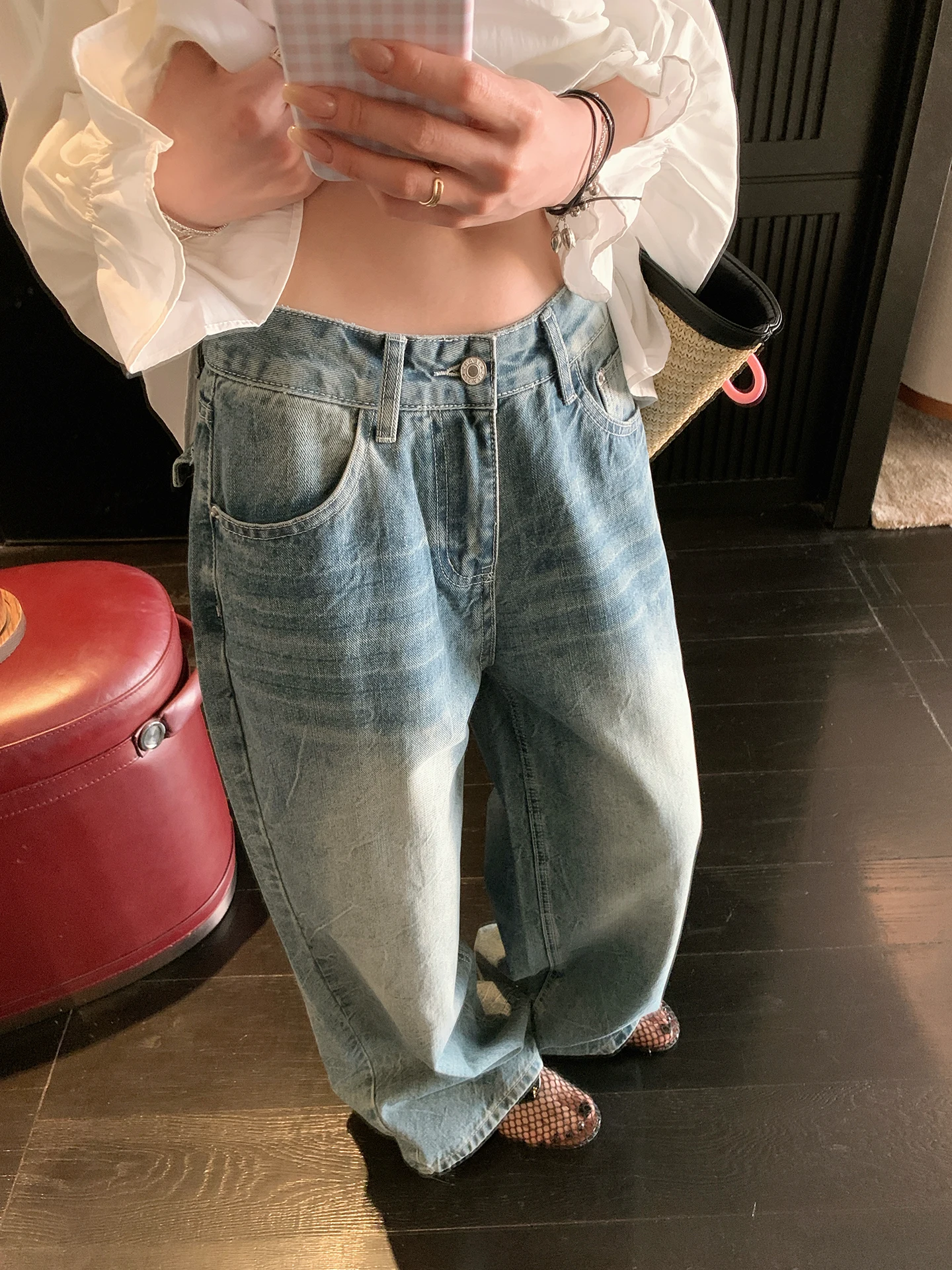 

High Waist Wide Leg Blue Washed American Retro Denim Jeans Women Summer Loose Straight Casual Floor-Length Pants