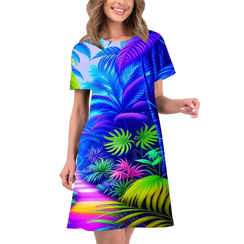 Leaf 3D Printed Women Dress Elegant Sweet Casual Short Sleeve A-Line Dresses 2024 Oversized Summer Sexy Clothing Beach Sundress