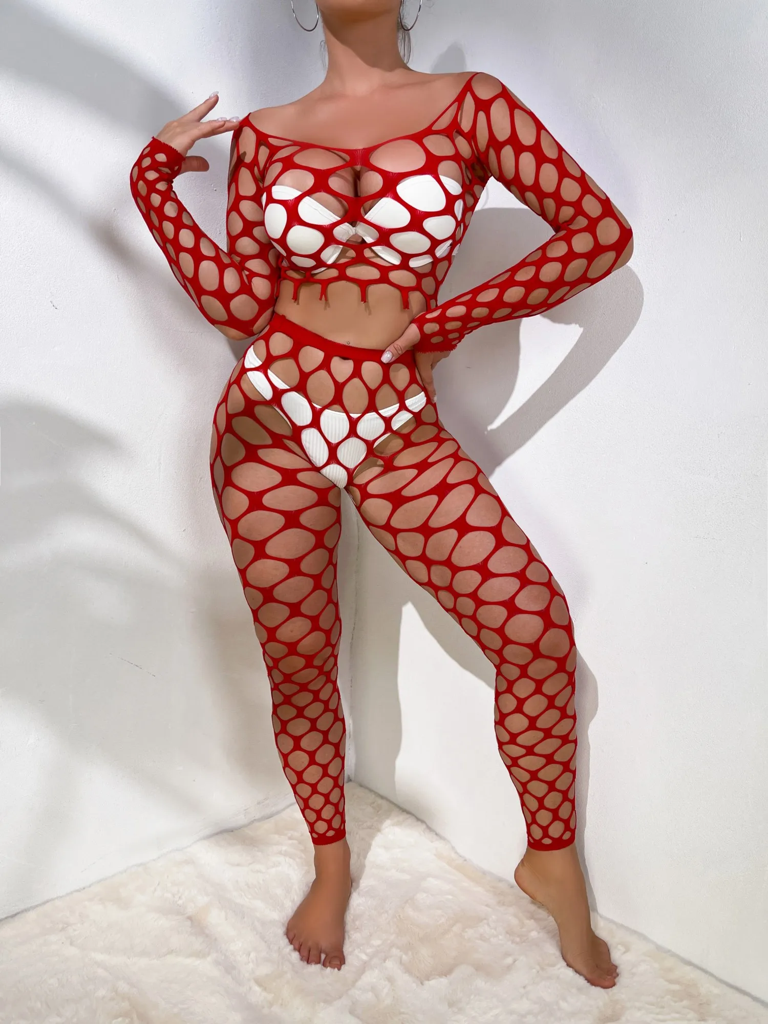 Seksowny top kabaretki z dużą dziurą i rajstopy 2-częściowy kombinezon Bodystocking Lingerie Bodysuit