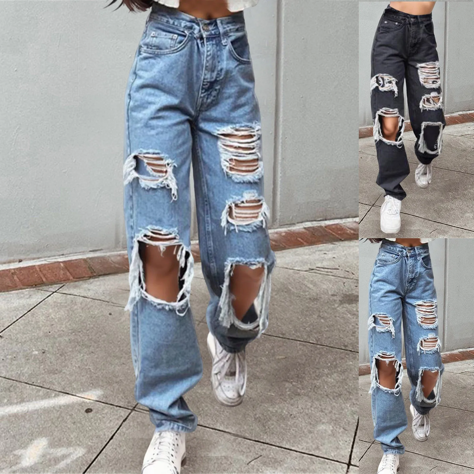 

Women's Autumn Sexy Ripped Jeans Big Holes Destroyed Broken Torn Pants Wide Leg High Waist Pants Vintage Female Denim Trousers