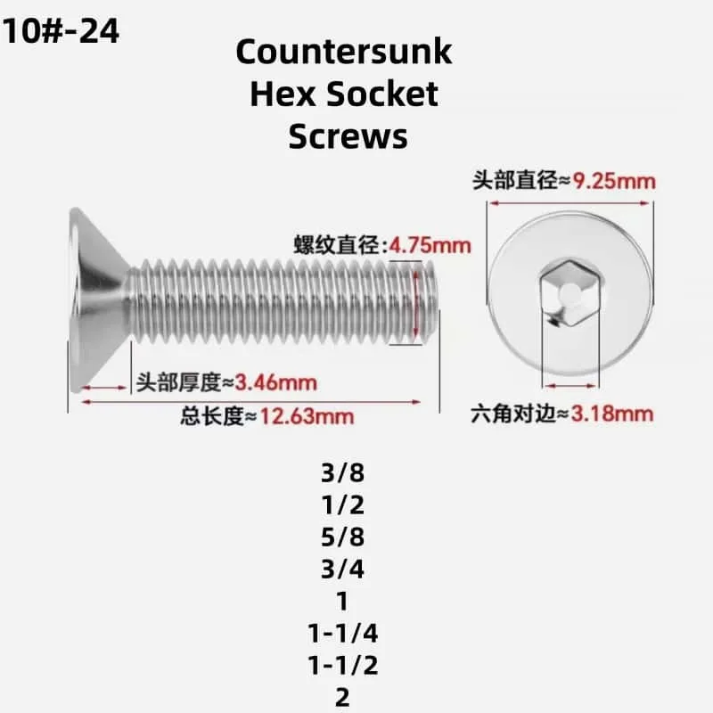 50Pcs 10#-24 Countersunk Cup Point Hex Socket Pan Head Phillips Screw UNC UNF 304 Anti-Slip Wear-Resistant Corrosion-Resistant