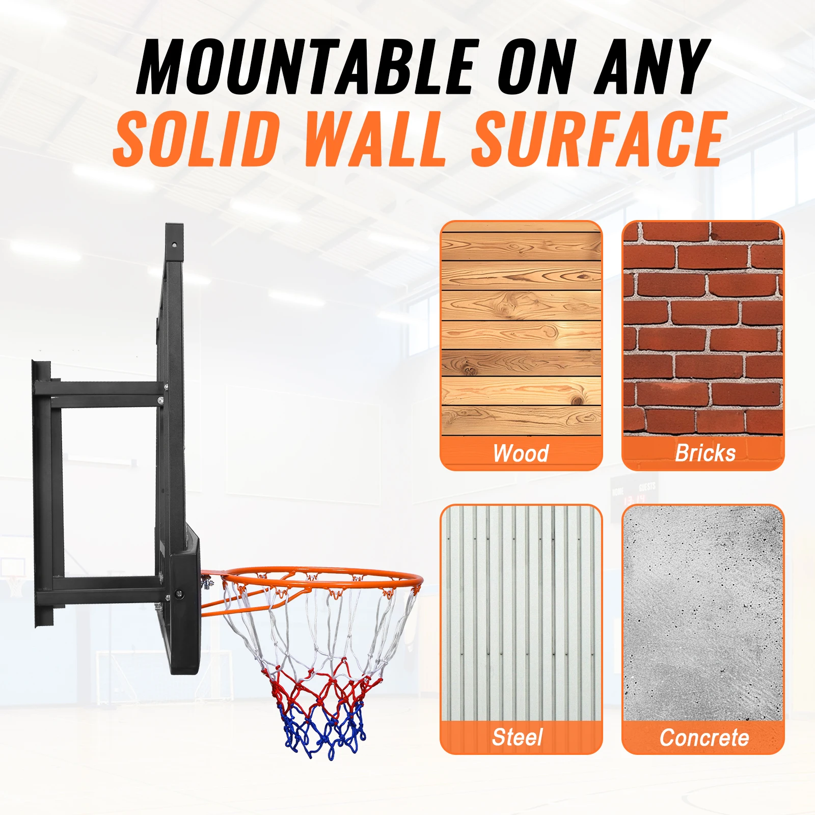 Ring Basket 4ft Terpasang di Dinding, Set Papan Pantul Basket, Kit Kombo Ring Tahan Segala Cuaca, Tahan UV untuk Sekolah, Gym, Dalam Ruangan, Luar Ruangan