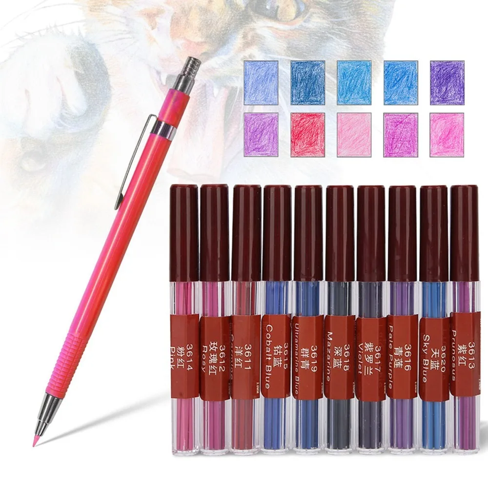 10 Colors 2.0mm Pencil Leads Solid Lead Core Portable Mechanical Pencil Refills Smooth Pencil Lead Set Graphic Sketching