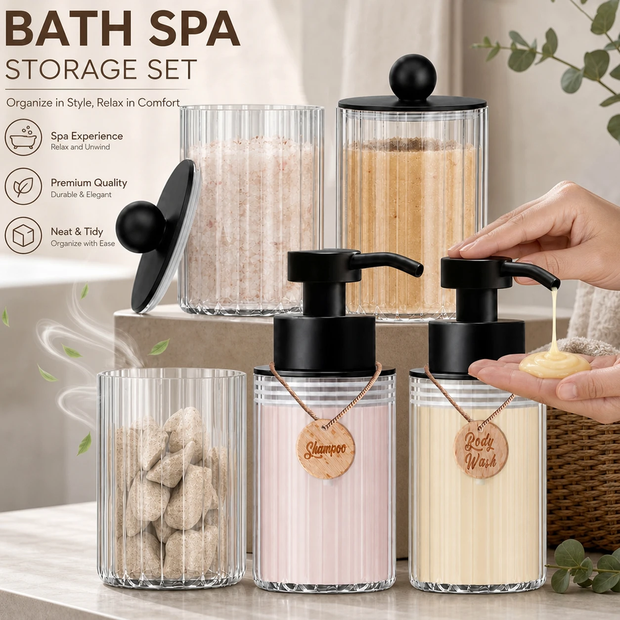Bathroom Shower Spa Accessories Set, 5-Piece Counter Kit with Soap Dispenser, Jar Container and Holder for Housewarming Gift