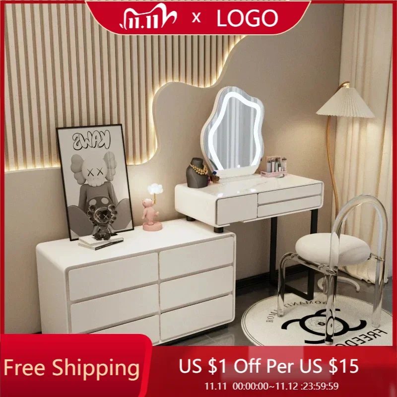 

Luxury Nordic Vanity Table Container Cabinet Led Mirror Vanity Table Storage Stool Meuble De Chambre Home Decoration