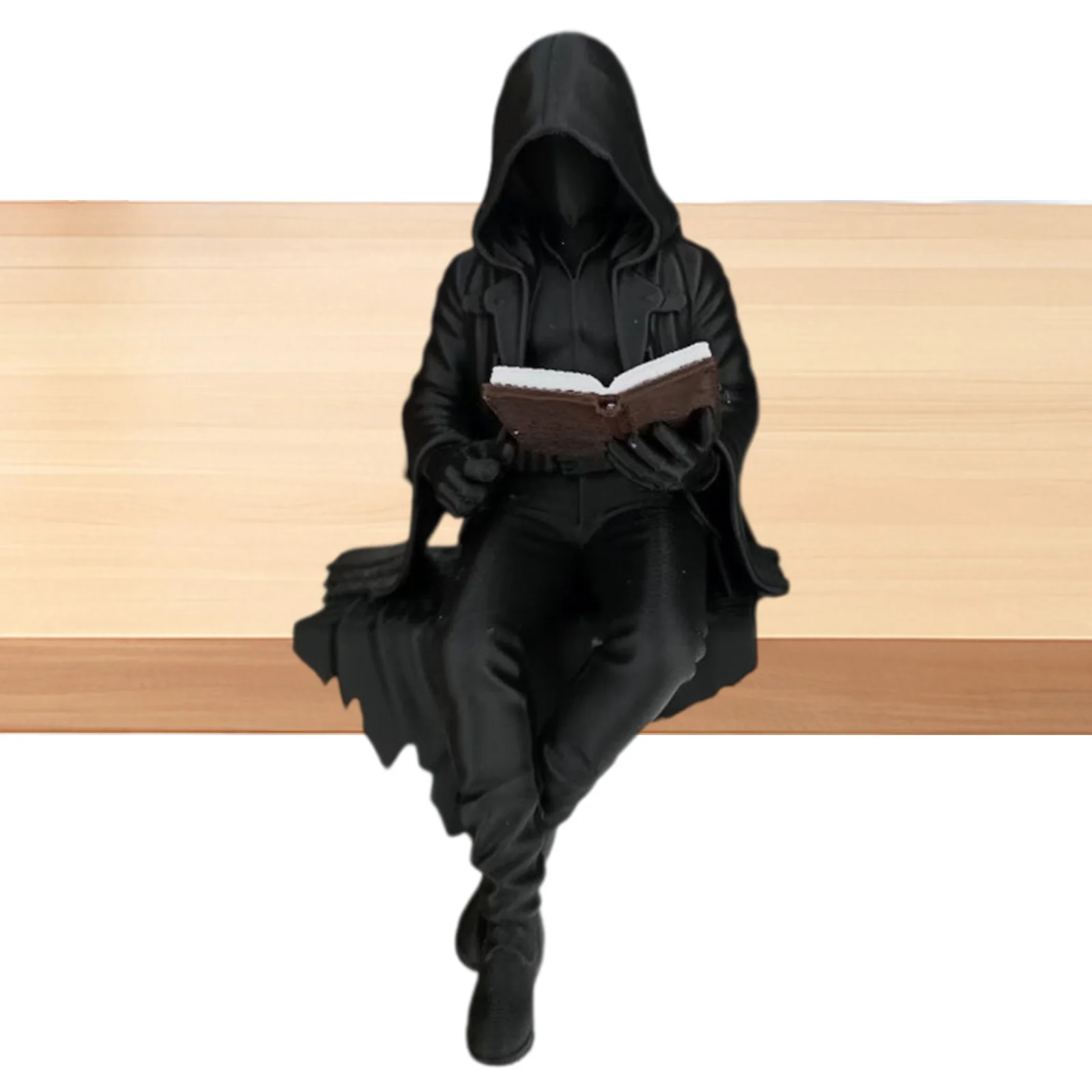 Resin Grim Reaper Mini Figurine with Book Sitting Hooded Ghost Figurine Gothic Decor Robe Man Reading Statue for Office Shelf