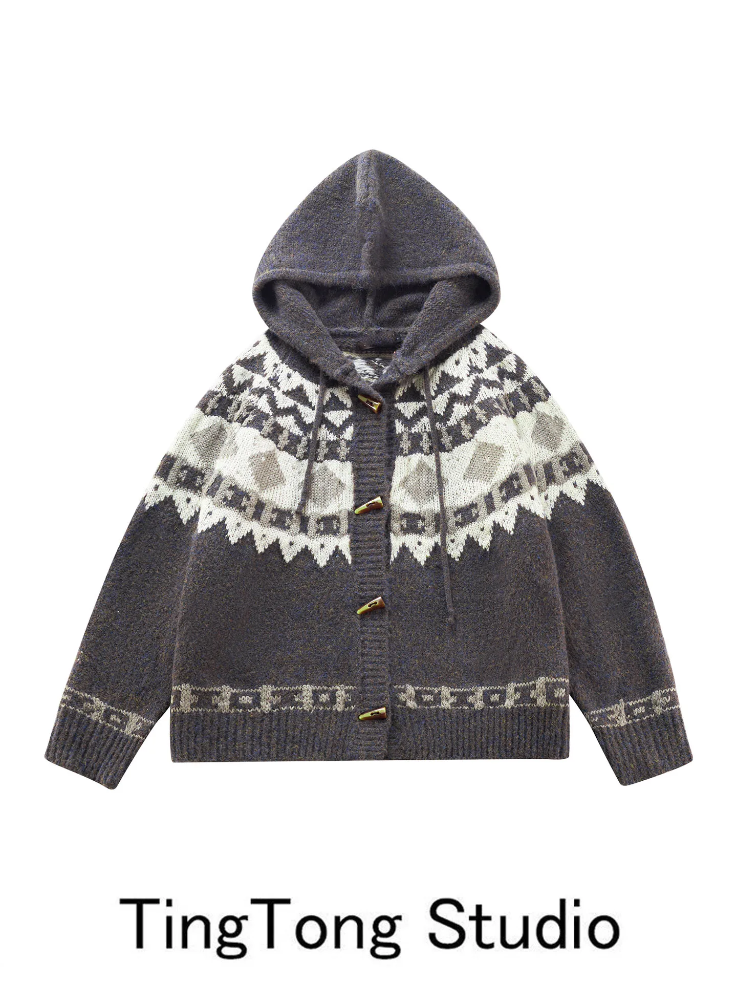 레트로 니트 스웨터 코트 여성용 루즈핏 후드 오픈 가디건 혼 버튼 가을 겨울 신상 커플 패션