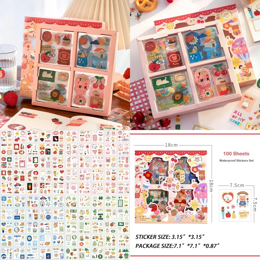 

100 Sheets Kawaii Sticker Set with Cute Cartoon Transparent Decorative Decals for Phone Cases Laptops Art Projects DIY Crafts A