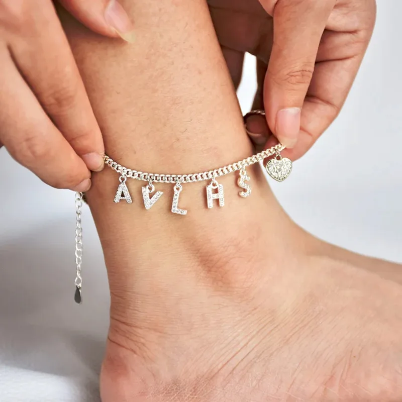 DOREMI 3mm Cuban Custom Crystal Name Anklet Personalized Custom Name Anklets For Women Foot  Ankle Bracelet On The Leg Jewelry