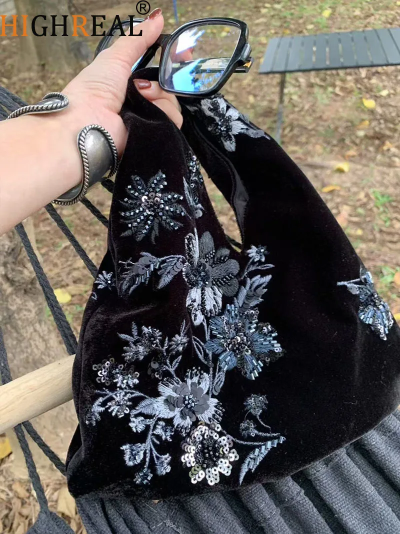 Fashion Velvet Sequin Embroidered Handmade Bag Velvet Crossbody Bag Women Design Sense Atmosphere Match Handbag Tote Bag