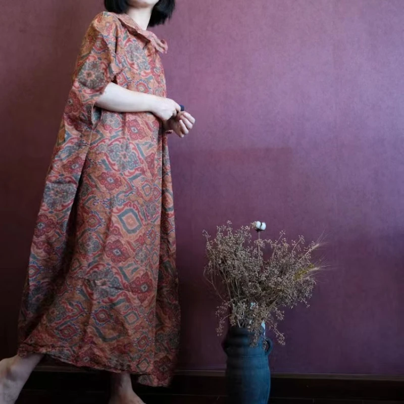 

Women Vintage Boho Retro Ramie Printed Floral Dresses 2026 Summer New Loose Causal High Waist Robes Women Plus Size Vestidos