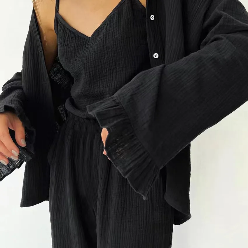 طقم بلوزات وسراويل فضفاضة طويلة مع حزام تي شيرت قطعة ملابس منزلية مادة قطنية مجموعة ملابس الخريف النسائية #4