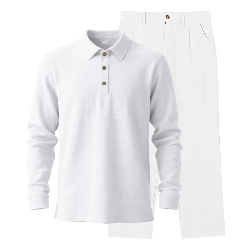 Sommer Herren Leinen 2-Teiliges Set Langarm Poloshirt Hose Einfarbig Lässig Atmungsaktiv Leicht Pendler-Outfit – Detail 7