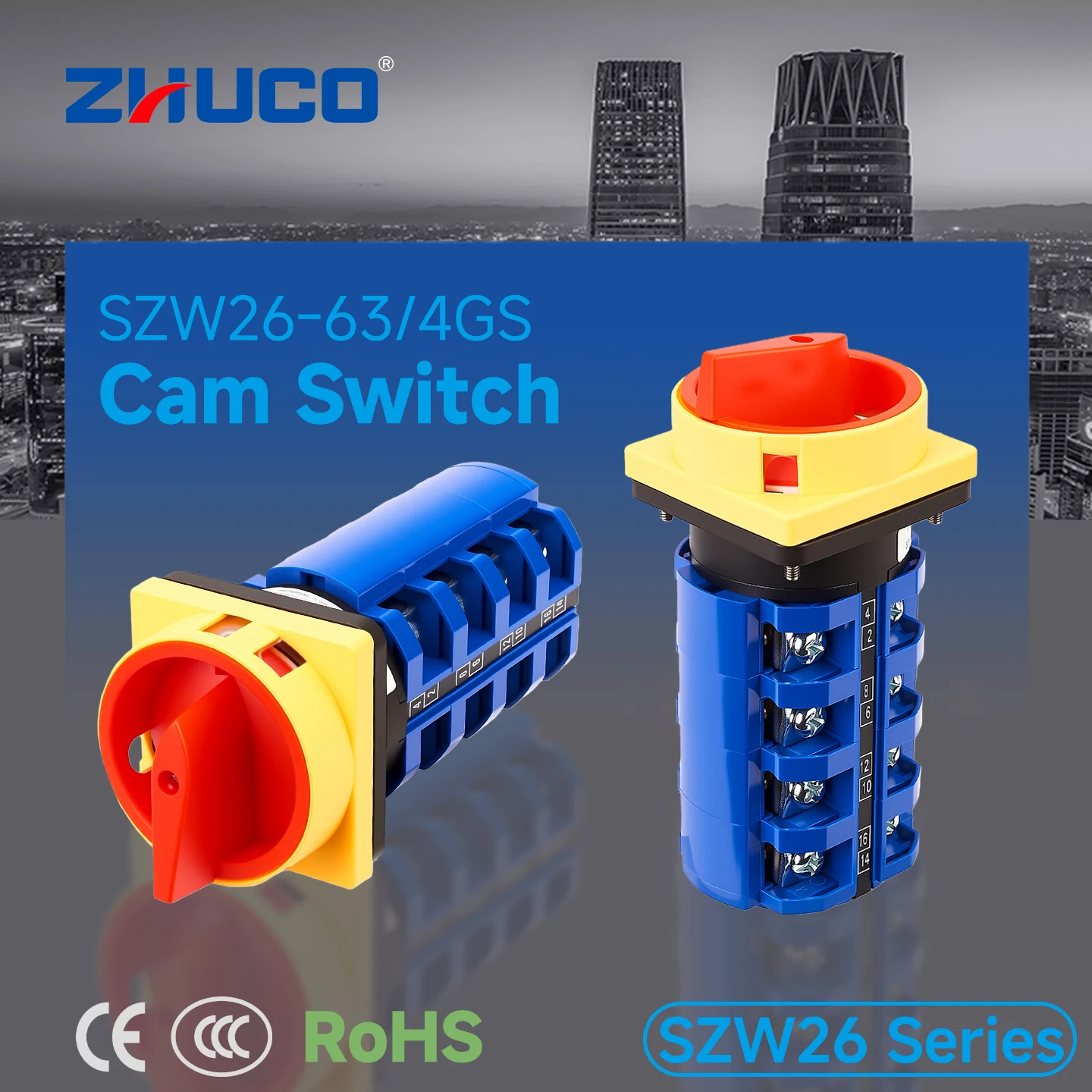 Zhuco 2-Position Selector Switch 63A 690V, 16-Terminal Universal Rotary Cam Selector with Locking Switch, Suitable for Distribution Cabinets, Machine Tools, Industrial Panels (Szw26-63/4Gs, on Off, Off on)