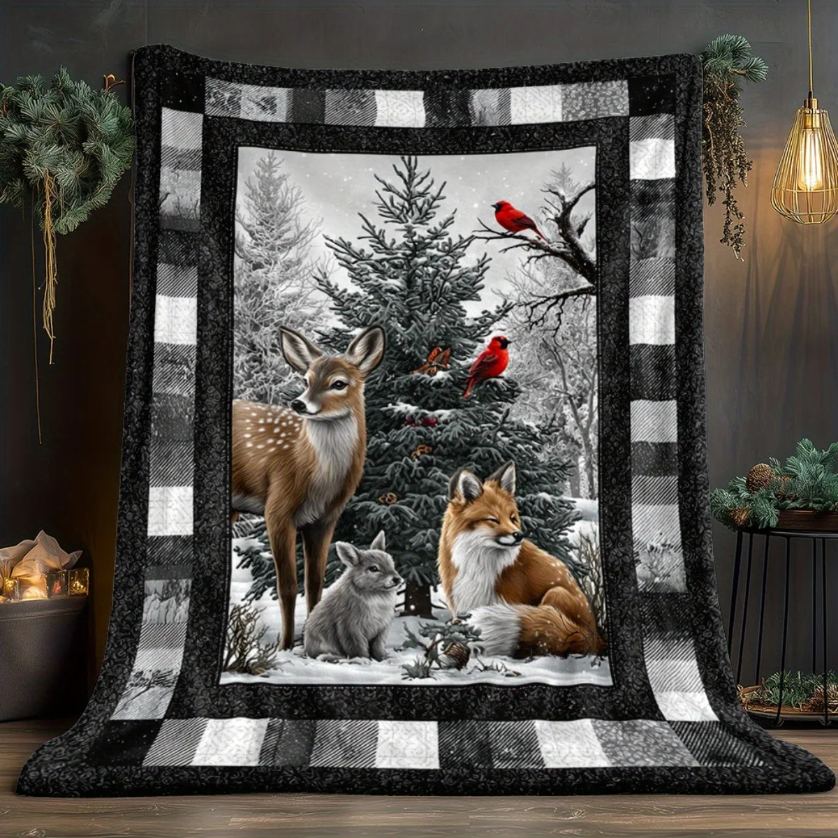 Christmas Deer Fox Flannel Throw Blanket, Winter Forest Scene with Cardinals, Soft All Season for Sofa Bed, Festive Holiday Gift