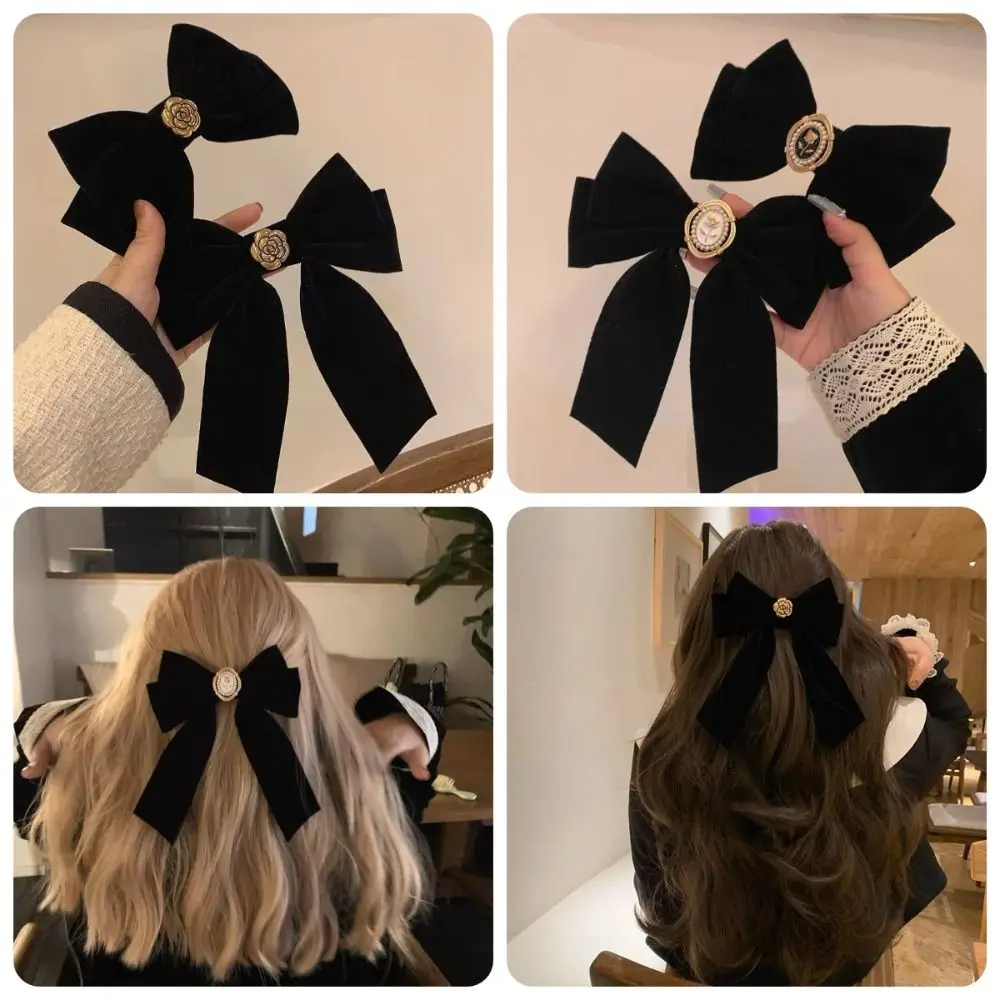 

Black Velvet Bow Hair Clip Retro French Bow Tie Spring Clip Festival Gift Duckbill Velvet Ribbon Hairpin