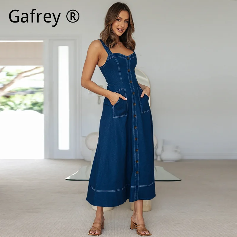 

Летнее джинсовое платье макси без рукавов с тонкими бретелями, легкое, повседневное, приталенное, стройнящее, новинка 2026 года
