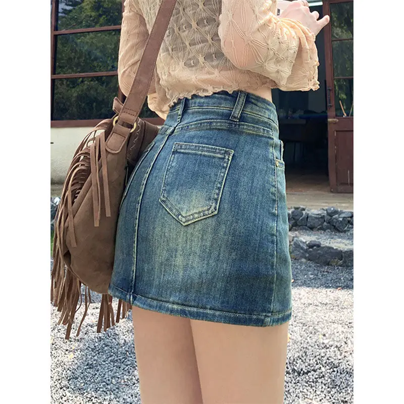 

Fashionable new denim mini skirt with lining2025Spring high-waisted stretchy bodycon skirt for petite girls, slimming and stylis