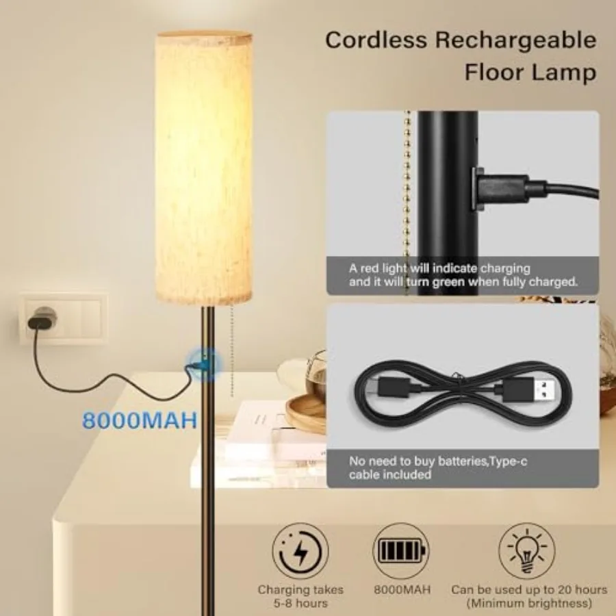 Cordless Floor Lamp for Living Room with 3 Color Temperature and Pull Cord Switch 8000mAh Battery Operated Portable Rechargeabl