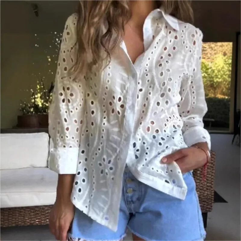 Fashion Women\'s Blouses Spring And Autumn White Shirt Collar Loose Embroidered Hollow Large Size Shirt Tops For Women Clothing