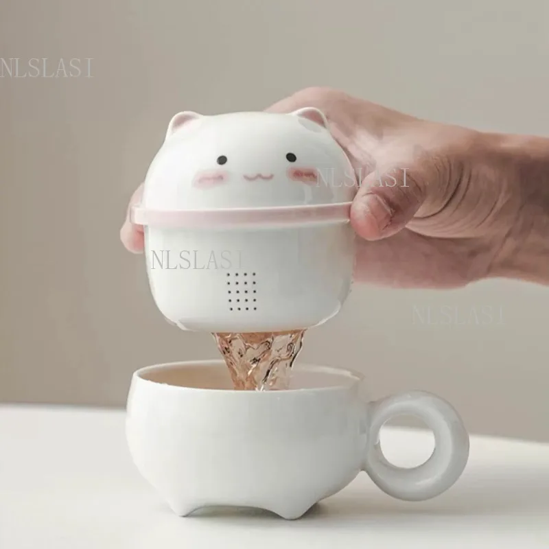 Cute Cat Ceramic Tea Cup with Infuser and Lid Kawaii Animal Shape Tea Strainer Mug Tea Tasting Cup for Home Office and Gift