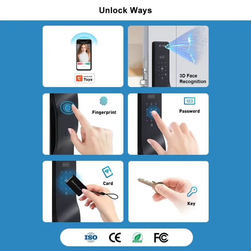 3D Face Recognition App Automatic Smart Door Biometric WiFi Video Fingerprint Keyless Digital Home