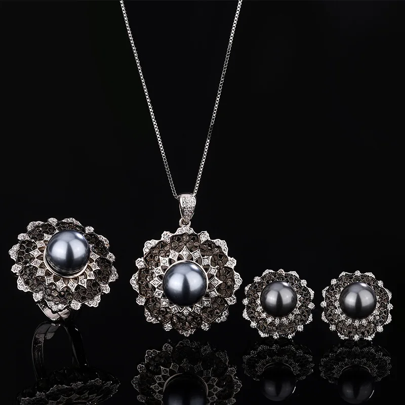 

Jewelry set with copper base plated gray pearls, fashionable vintage brushed finish, 12-10mm