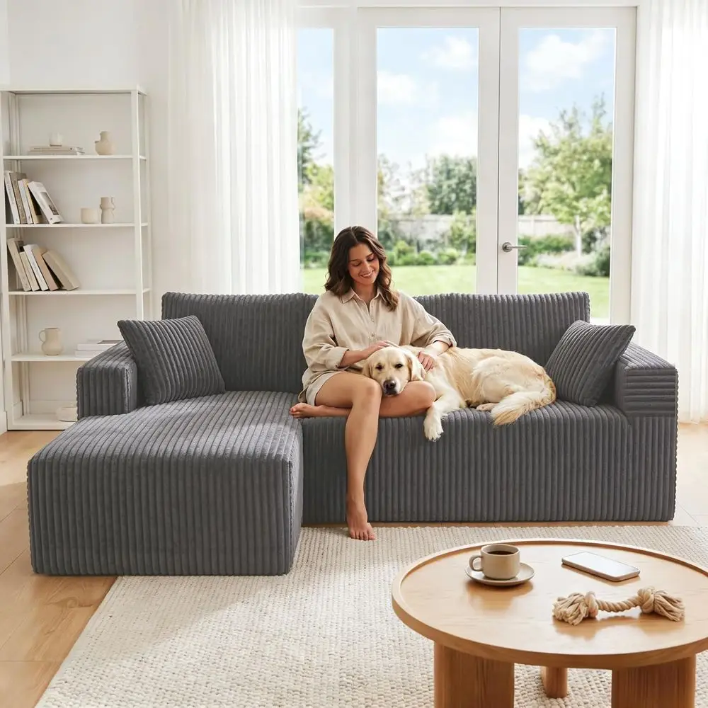 

L-Shaped Grey Corduroy Cloud Couch with Chaise, Sectional Sofa for Living Room or Bedroom, No Assembly Needed