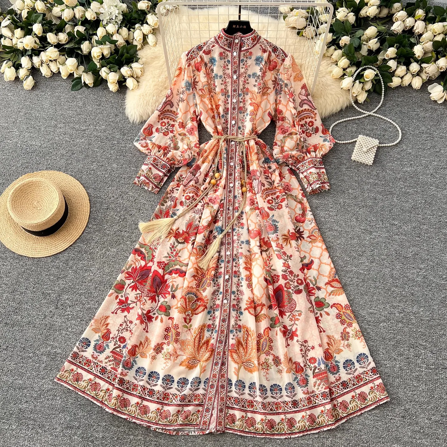 

Holiday Gorgeous Flower Chiffon Maxi Dresses Women's Stand Long Lantern Sleeve Lace Up Belt Floral Print Loose Robe Vestidos