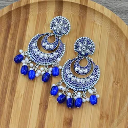 Women's Ethnic Pink Blue Indian Jewelry Earrings Crescent Moon Shape Rhinestones Bollywood Earrings Jhumka