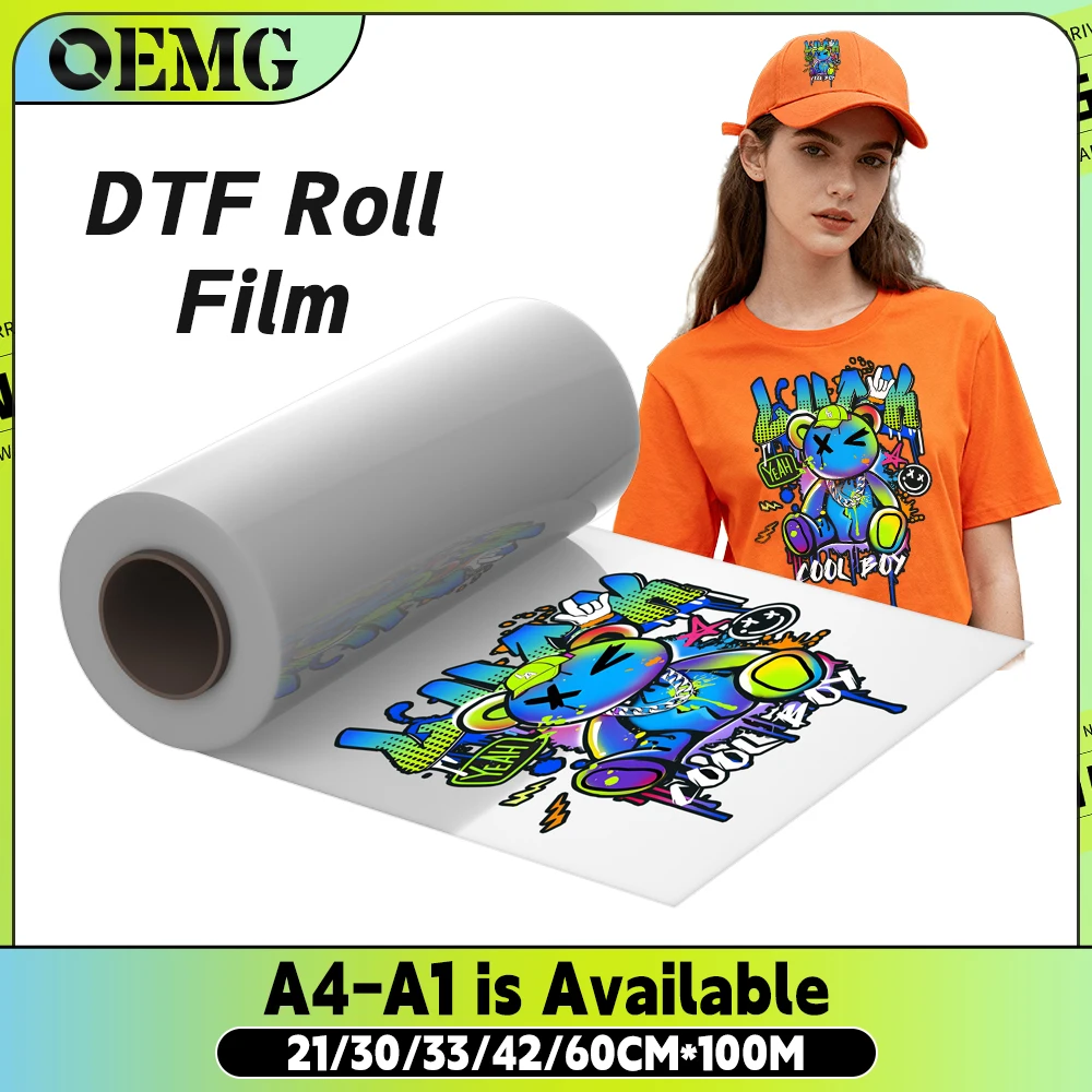نقل مباشر لفيلم OEMG PET لطابعة DTF، 21/30/33/42/60 سم × 100 متر لفة ورقة متوافقة مع Epson R1390 L1800 XP600 I320