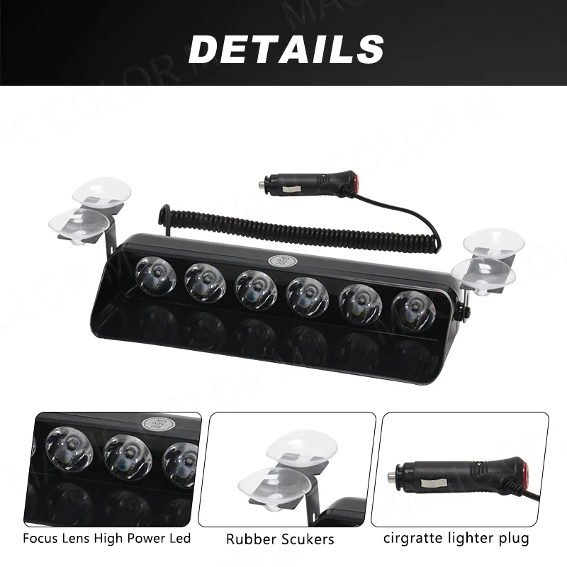 Magia colorm 6 led carro polícia luz estroboscópica bombeiro frente de emergência brisa flash aviso sinal beacon lâmpada caminhão reboque 12