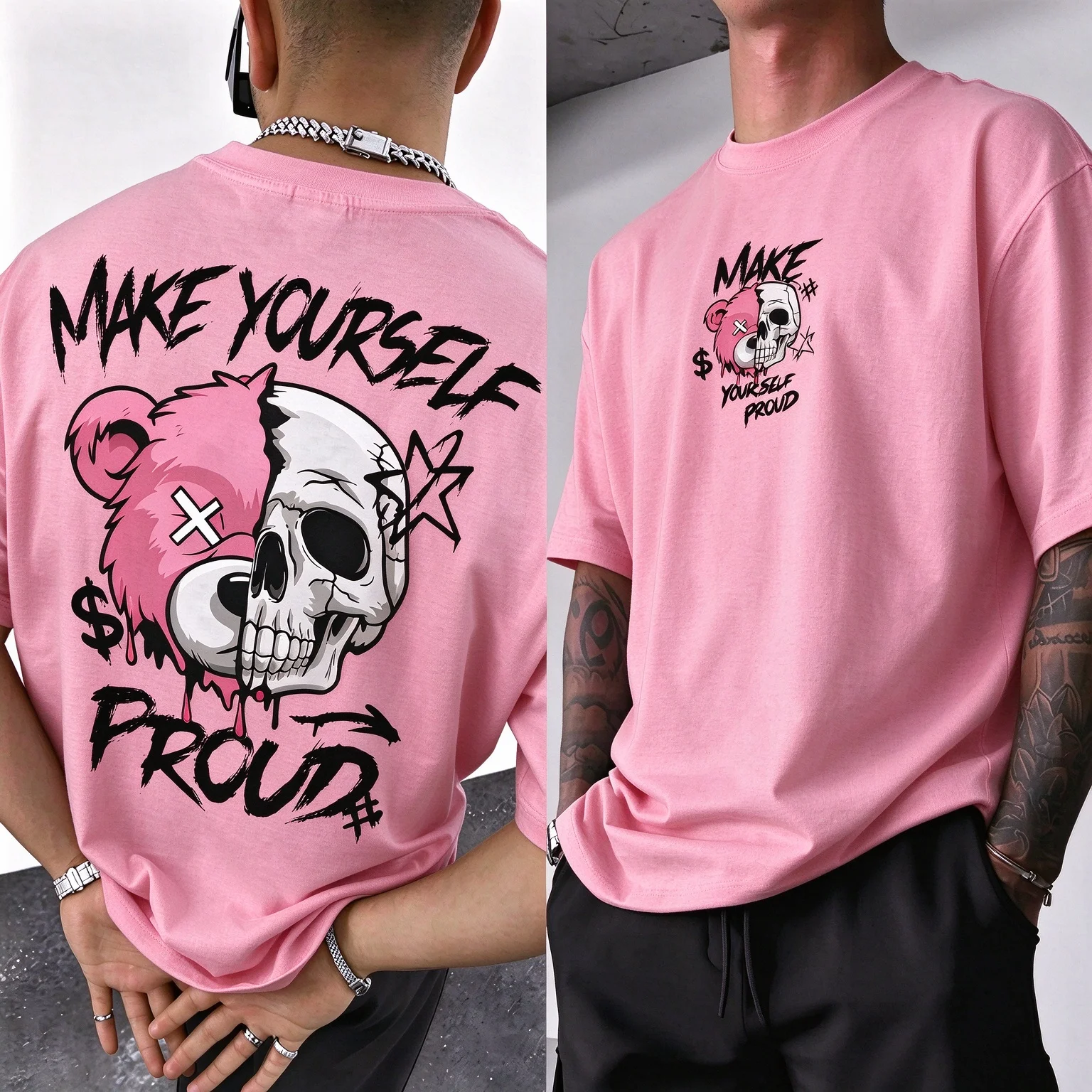 Unisex Bear Skull Print T Shirt Make Yourself Proud Graphic Summer Short Sleeve Casual Streetwear Tops