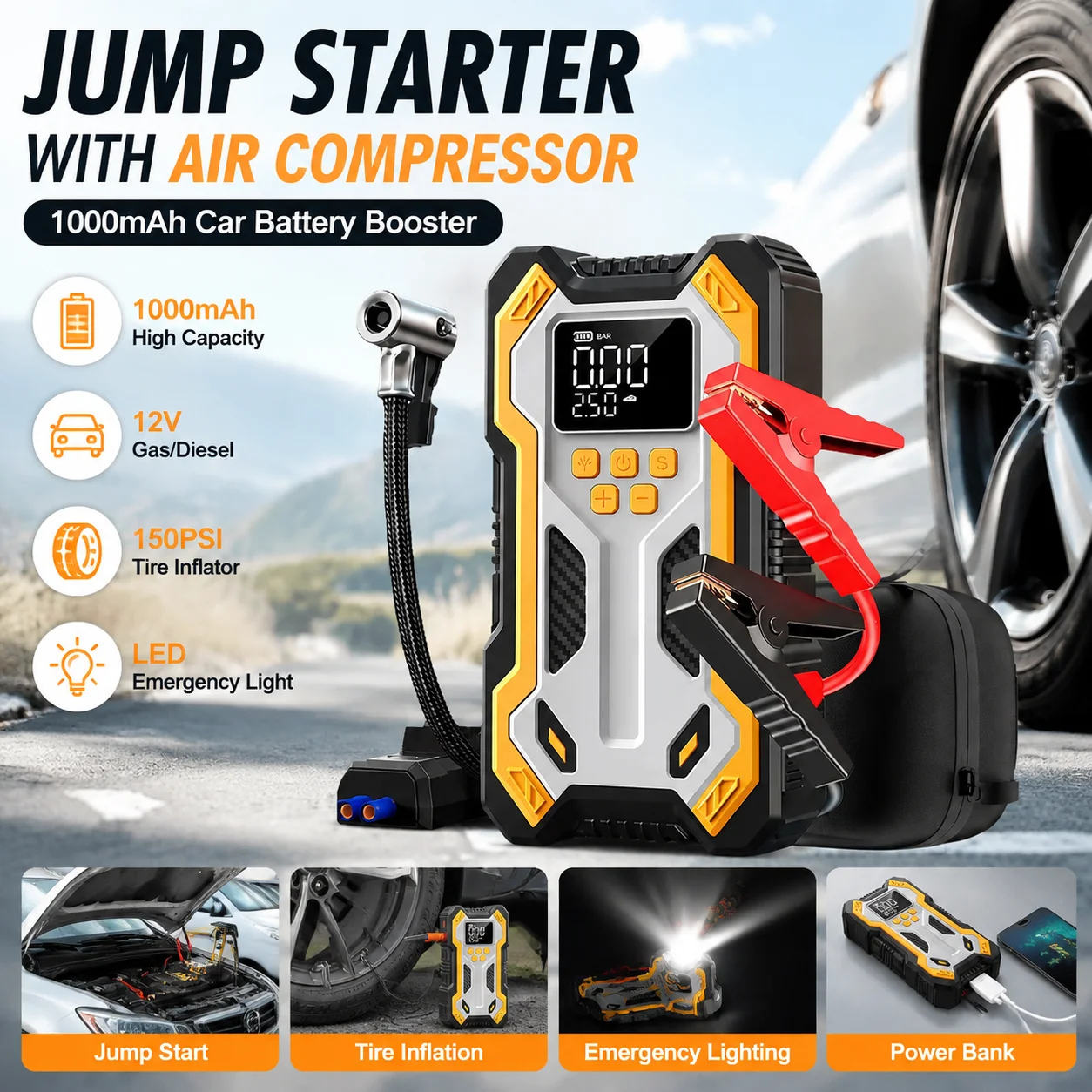 10000mAh Jump Starter with Air Compressor Car Battery Booster (9.0 Gas/6.5L Diesel) with 160PSI Auto-Shutoff Tire Inflator
