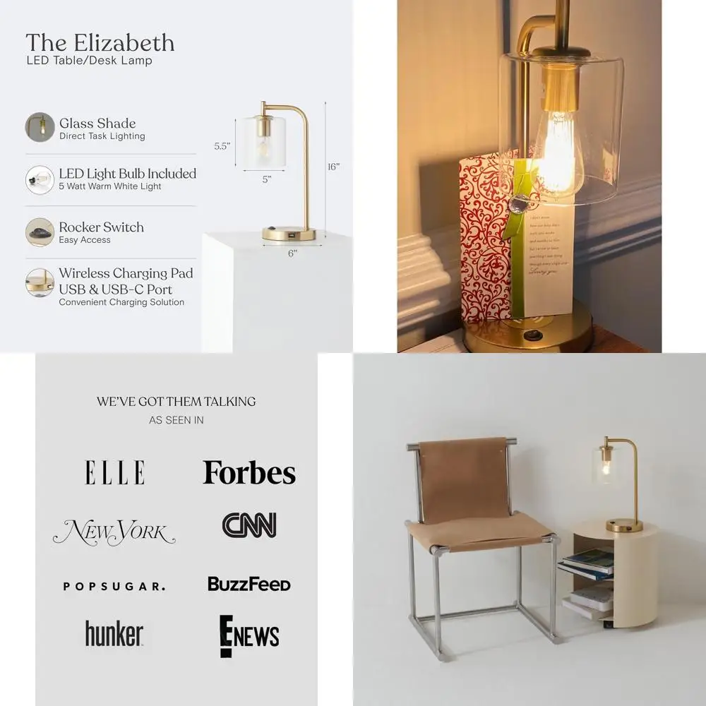 

Винтажная латунная золотая светодиодная настольная лампа с беспроводной зарядкой и USB-портом, прикроватный светильник для чтения для спальни, гостиной и офиса
