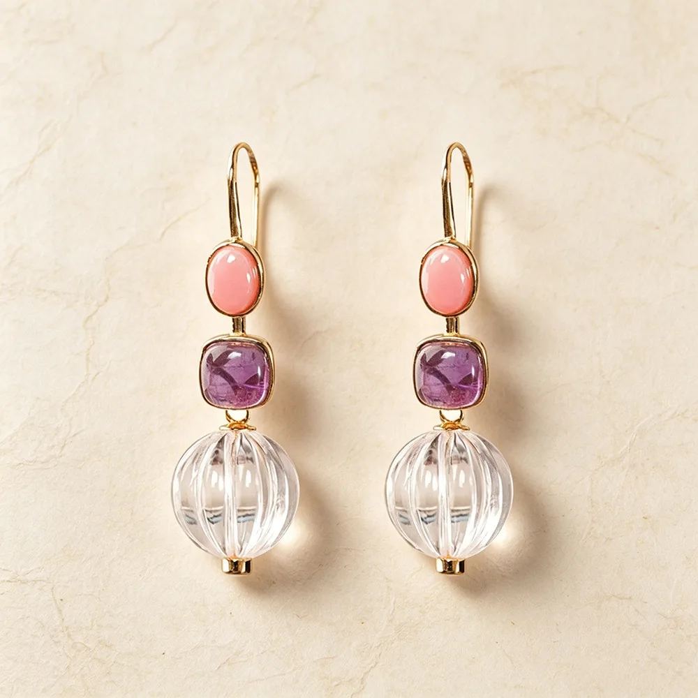 KQDANCE Hand Craft 925 Sterling Silver Red Agate Pink Purple Gemstone White Crystal Pumpkin Drop Earrings Jewelry For WOmen