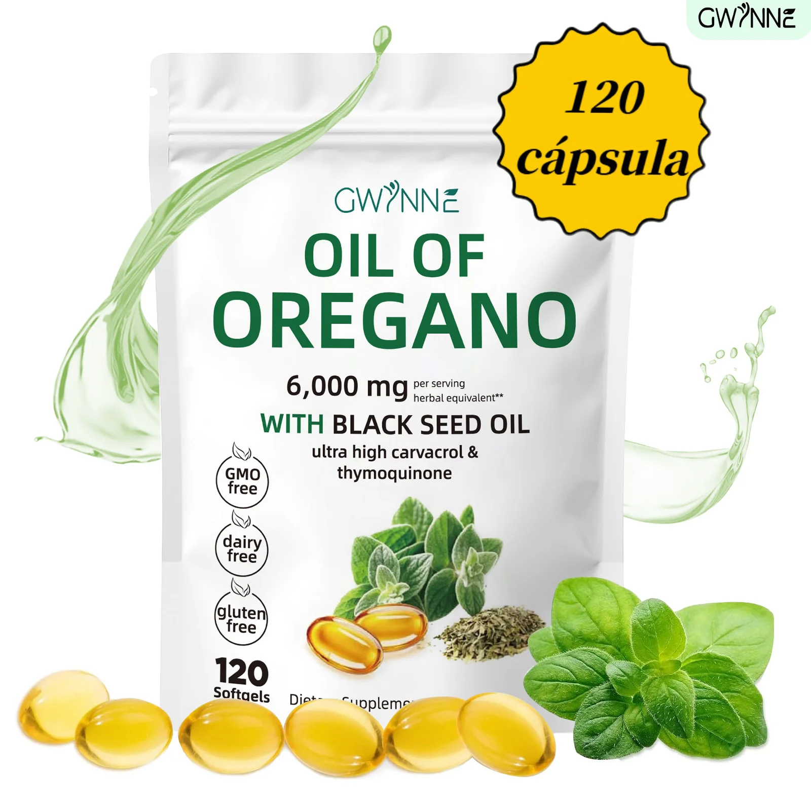 Gwynne Micro Ingredientes Aceite de Cápsulas blandas de Oregano 6000 mg por porción 120 Cápsulas Aceite de Semilla Negra Incorporar