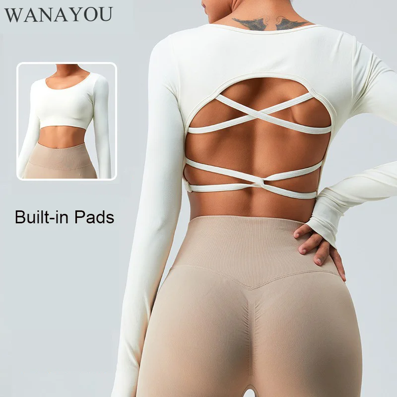 

WANAYOU Women Yoga T-shirts, Seamless Cross Back Sports Crop Tops, Thumb Buckle Gym Top,Long Sleeve Fitness Shirt, Workout Vest