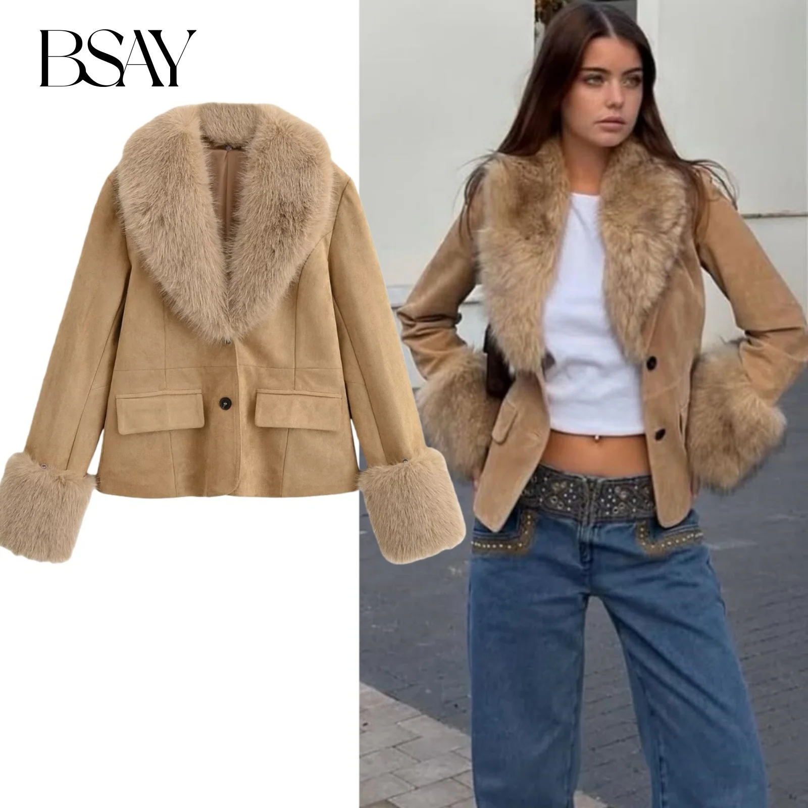 

BSAY замшевая куртка со съемным воротником из искусственного меха для женщин, модные осенне-зимние новые однобортные короткие куртки с длинными рукавами