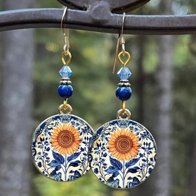Women's Bohemian Style Sunflower Imitation Enamel Artistic Pendant Earrings Fashion Elegant Banquet Vacation Fine Jewelry Crafts