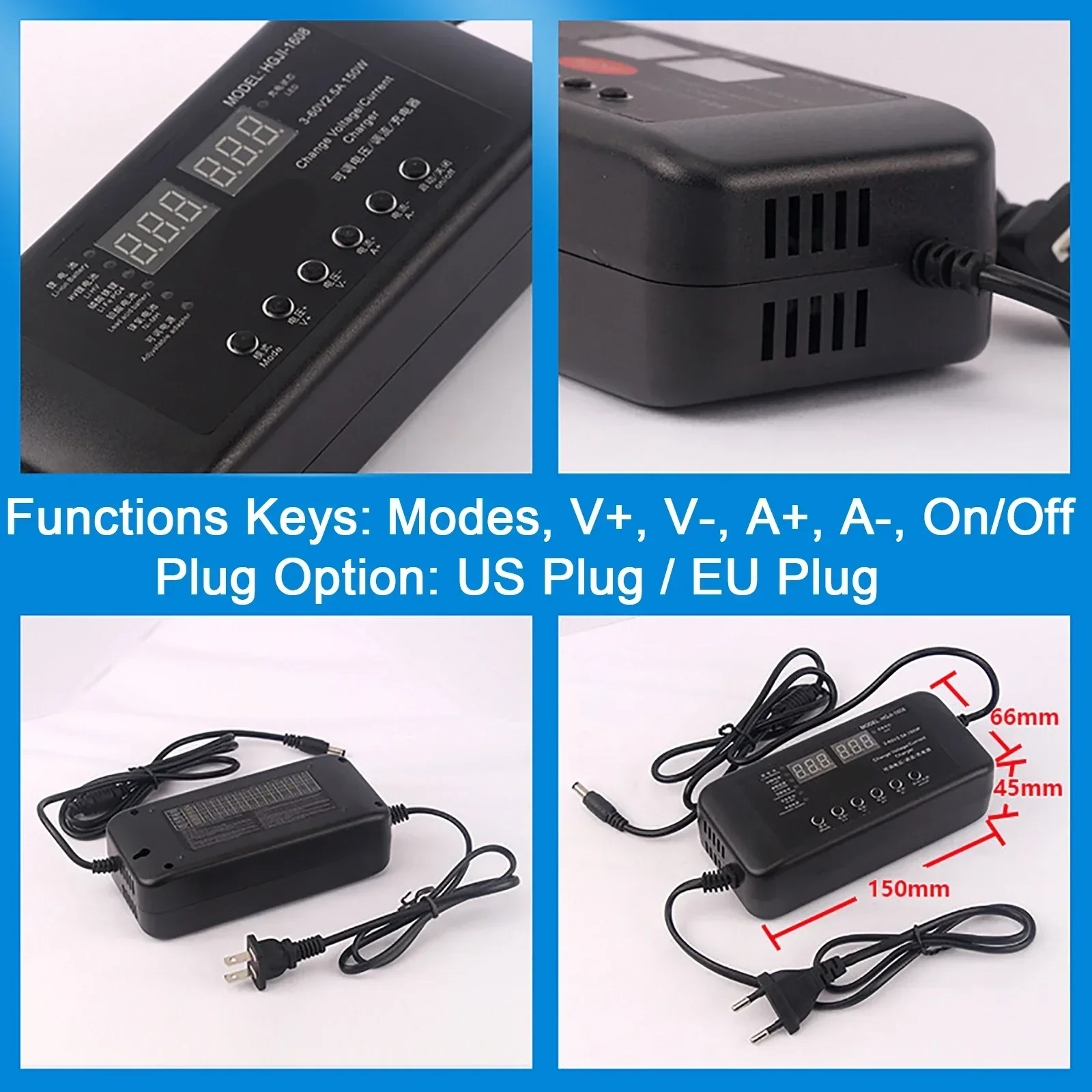 150W Lithium / Li-ion Phosphate / Lead Acid Battery E-Vehicle Power Adapter Charger With Display Screen 3V-60V Adjustable