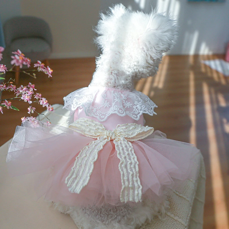 Lace Bow Tie Cat Dress for Small Dogs Princess Pink Veil Tutu Skirt Puppy Summer Clothes Birthday Wedding Female Pet Clothing