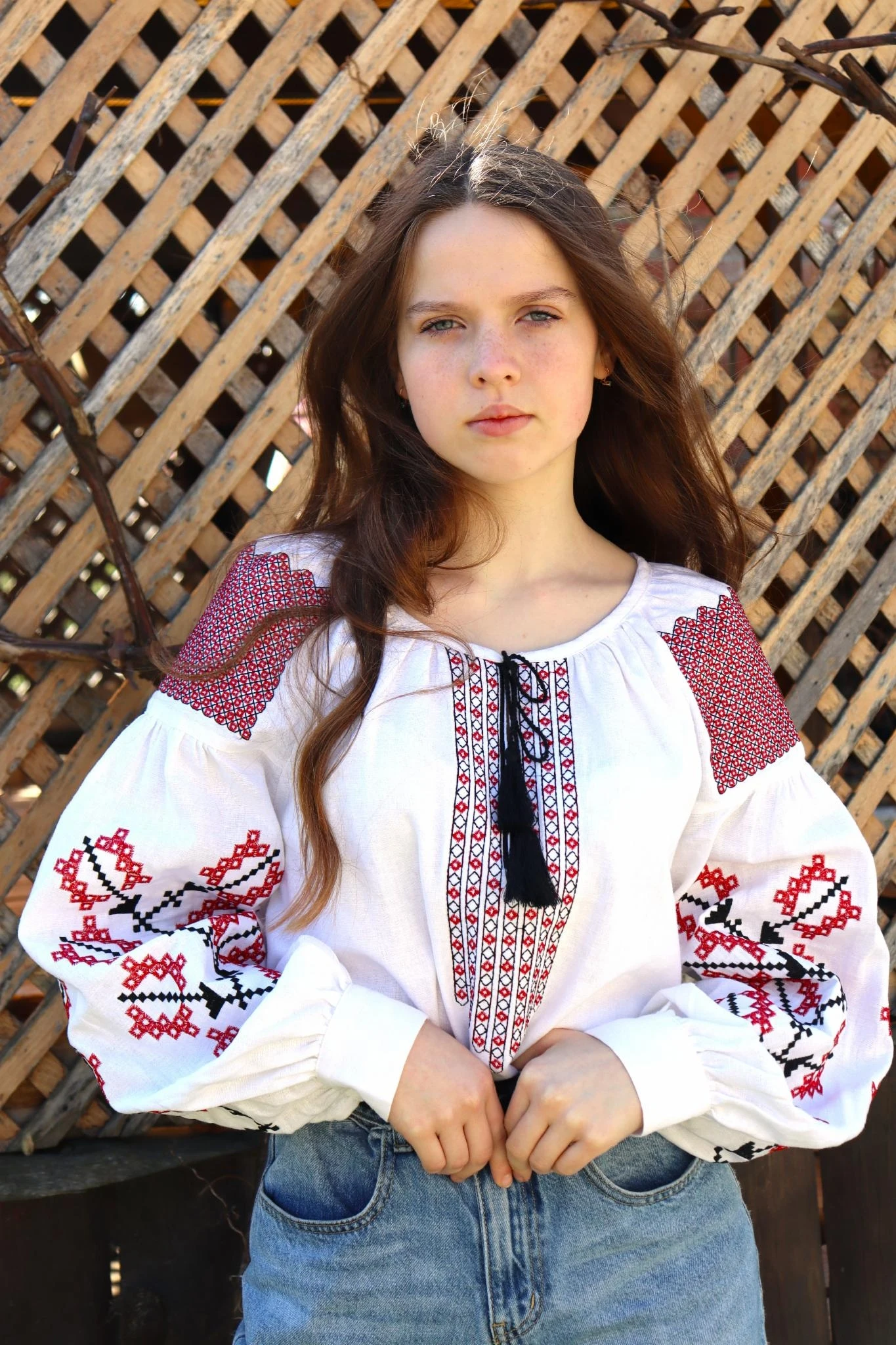 

Sweet and versatile imitation embroidery round neck sash flared sleeve shirt for women