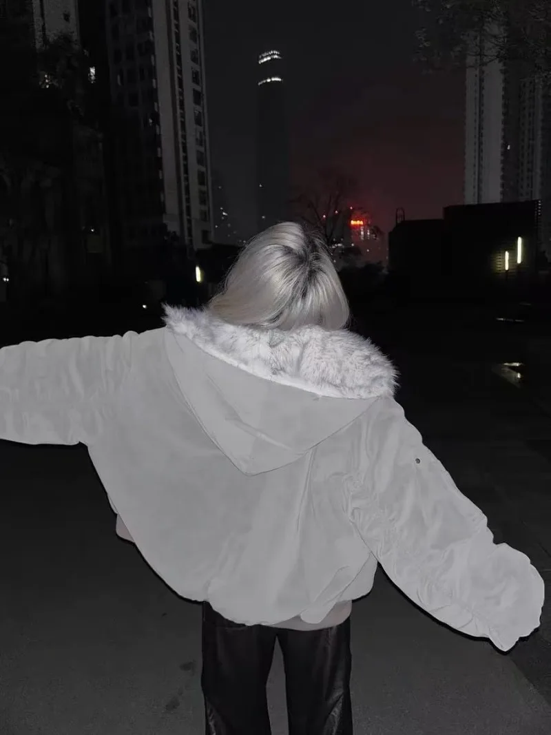 Y2K Harajuku šedá bílá oboustranná plyšová bunda pro ženy, trendy značka gothic ležérní streetwear podzimní a zimní teplá kapuce - náhled 4