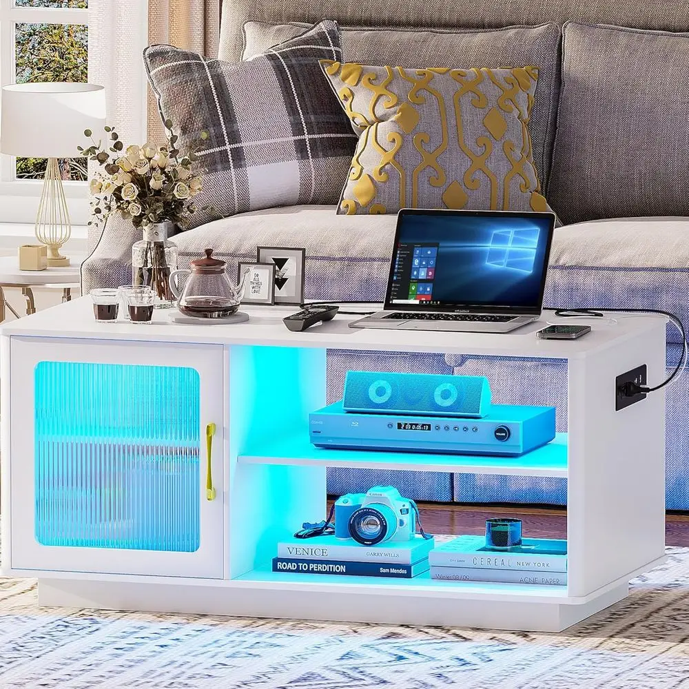 

3-Color Dimmable LED Coffee Table with Charging Station, USB Ports, and Power Outlets for Living Room or Dining Area