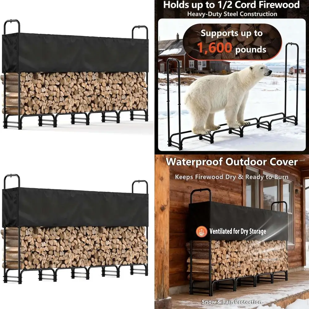 

Half Cord Heavy-Duty Outdoor Log Rack with Water-Resistant Cover for Patio, Deck, and Fireplace