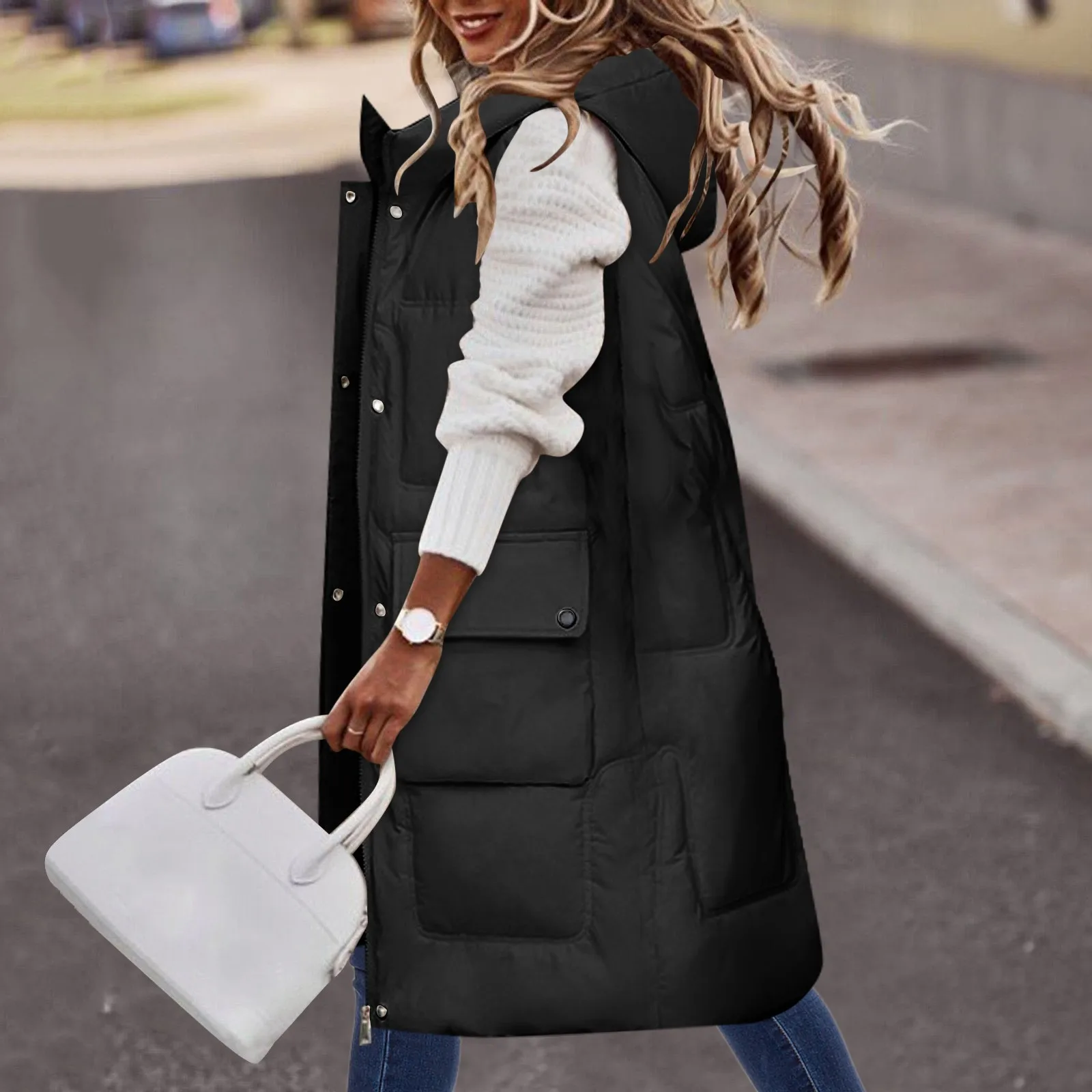 Women Winter Jacket Vest Solid Color Sleeveless Long Hoodie Warm Down Jacket With Pockets Quilted Outdoor Casual Comfort Jacket