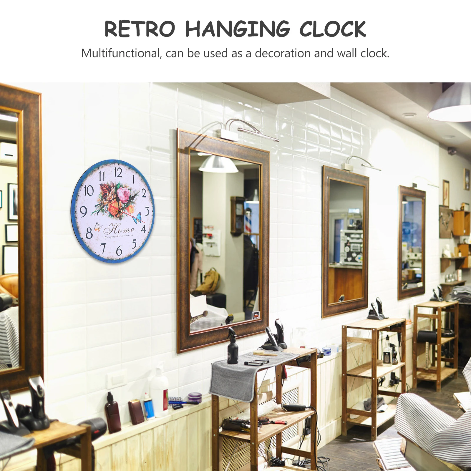 

1pc Retro Flower Wooden Wall Decorative Hanging For Home Office Simple Vintage Round Wall Clock Household Hanging Clock