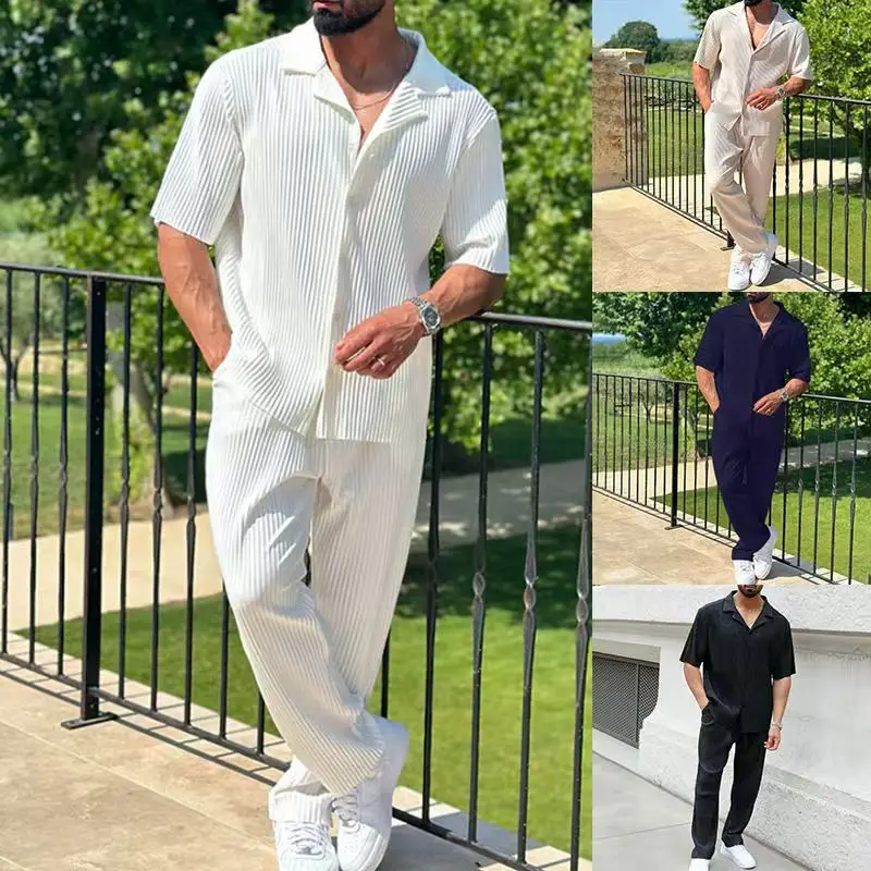 

(S-3XL) 4-color summer new casual fashion plain striped suit for men, style complete short-sleeved trousers for men