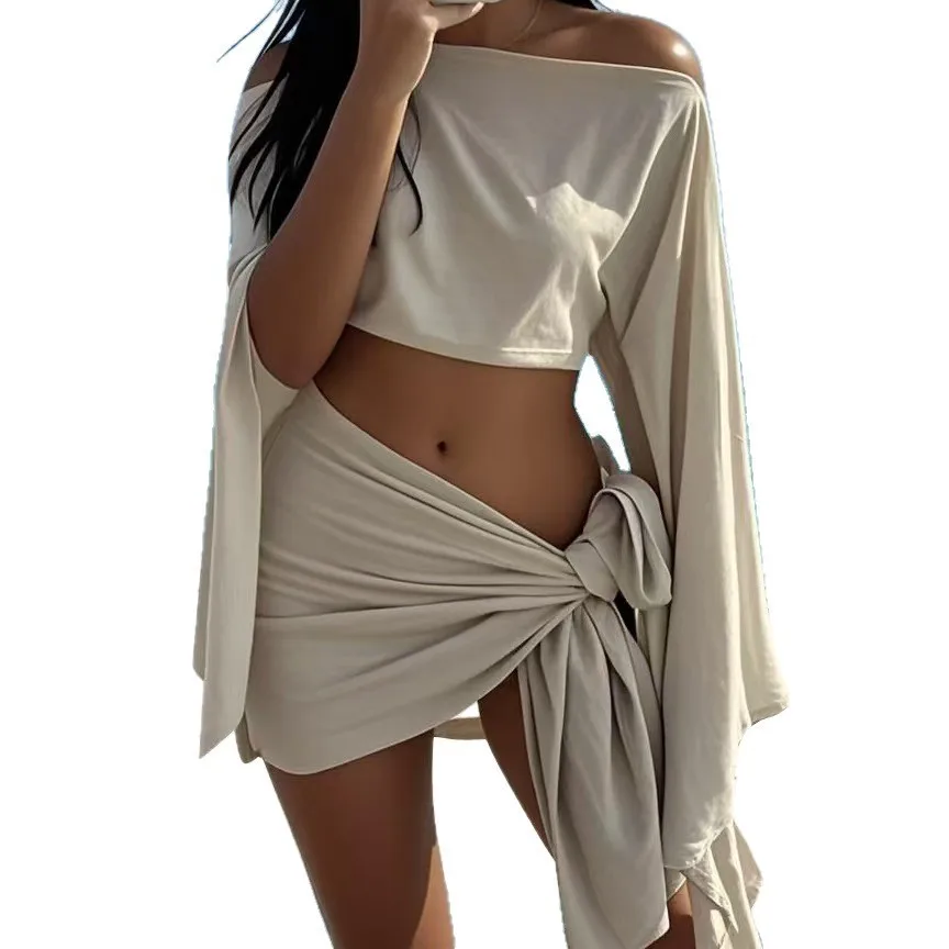 

Summer Pareo Dress Women's Cover-up Ice Silk Tunic Swimwear Wrap Skirt Off Shoulder Outfit Beachwear Crop Top